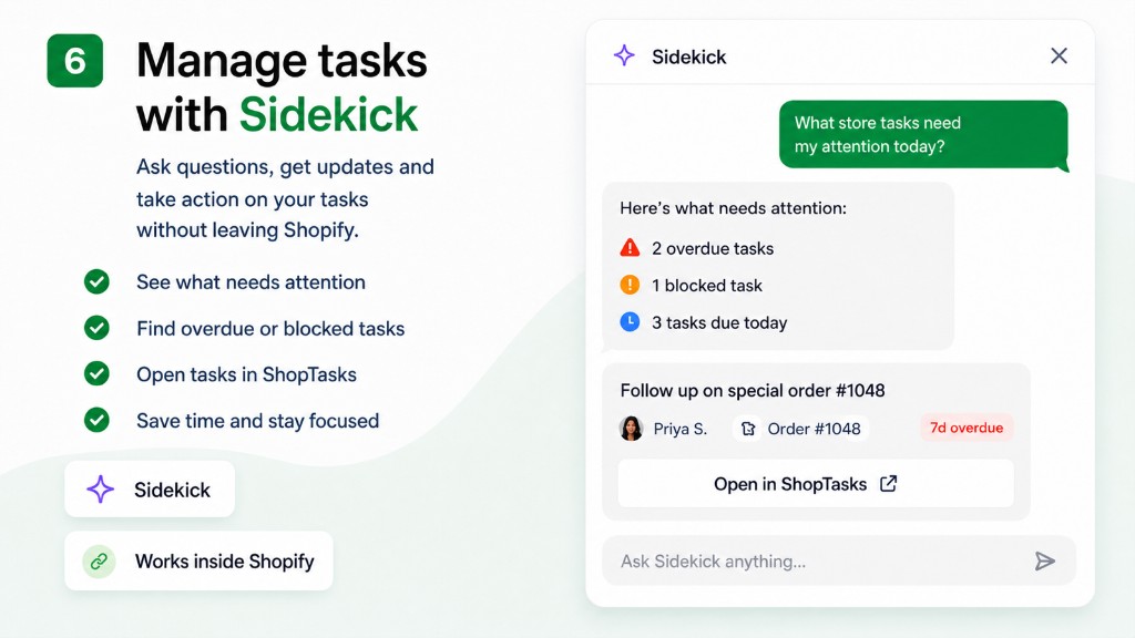 Sidekick summarizing overdue, blocked, and due-today store tasks in Shopify