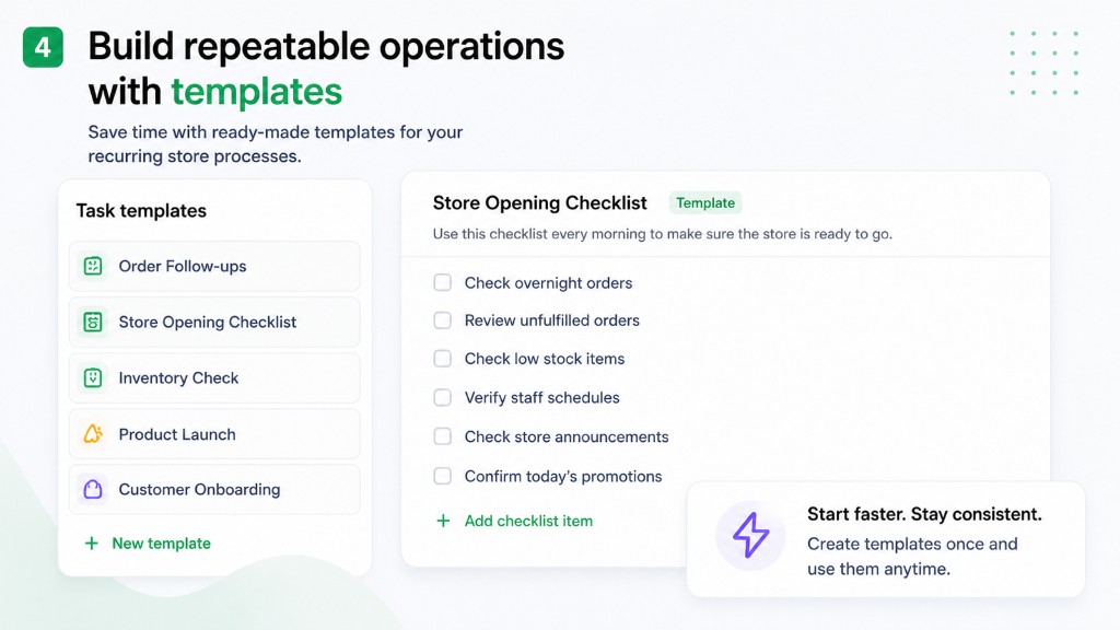 ShopTasks templates including store opening checklist and inventory check